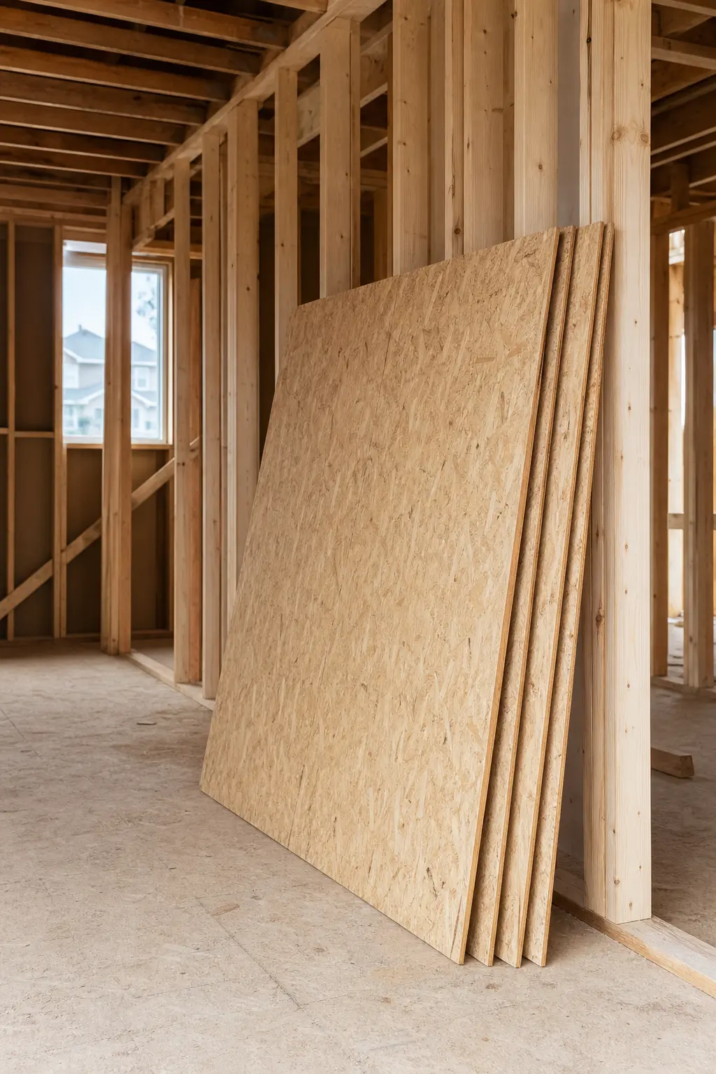 Stack of 4×8 plywood subfloor sheets at a new construction site