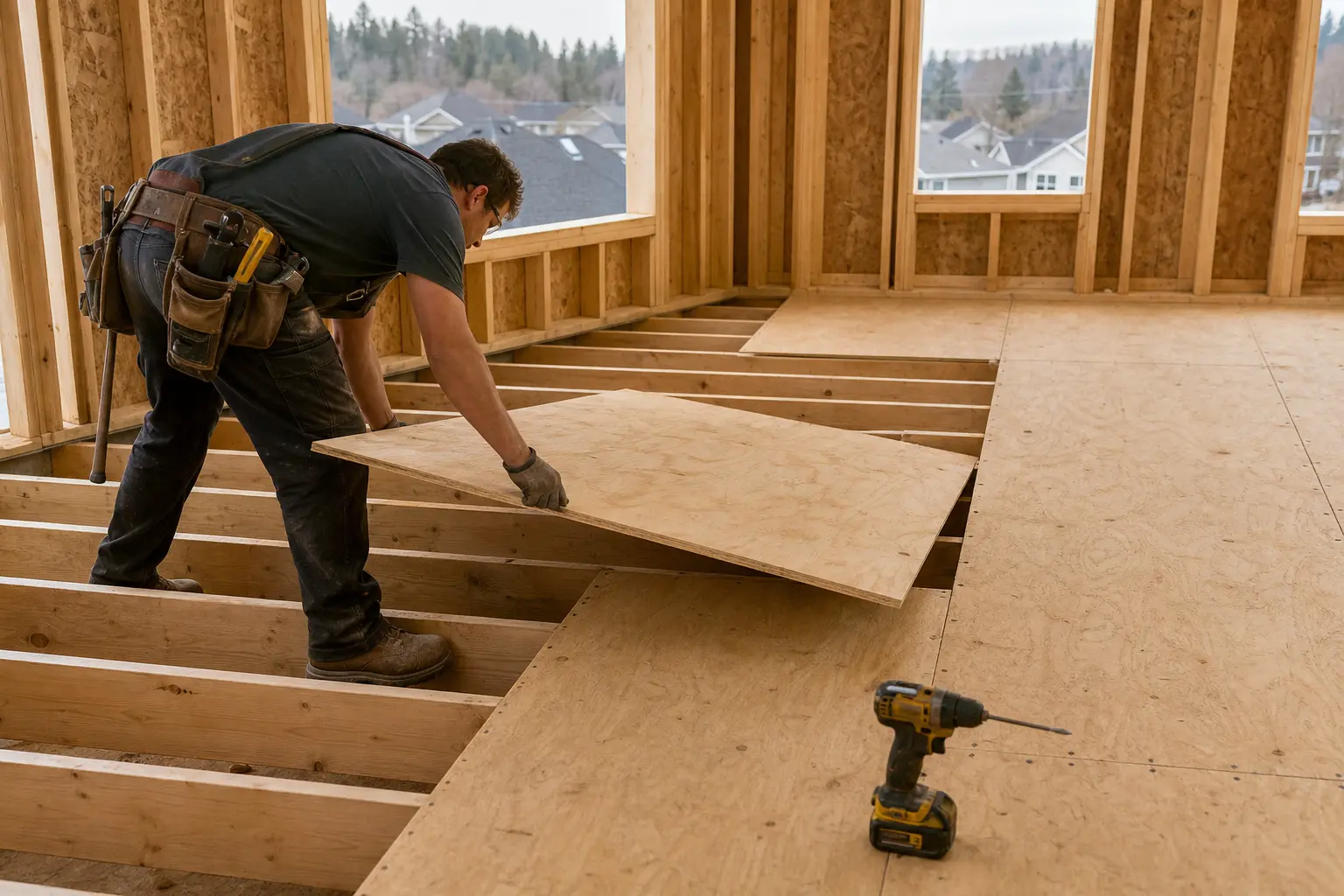 Crew fastening plywood subfloor panels on a new construction deck